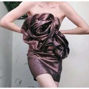 NWT Zara Voluminous Dress Small Strapless Metallic Rose Lace Up Mini Bodycon